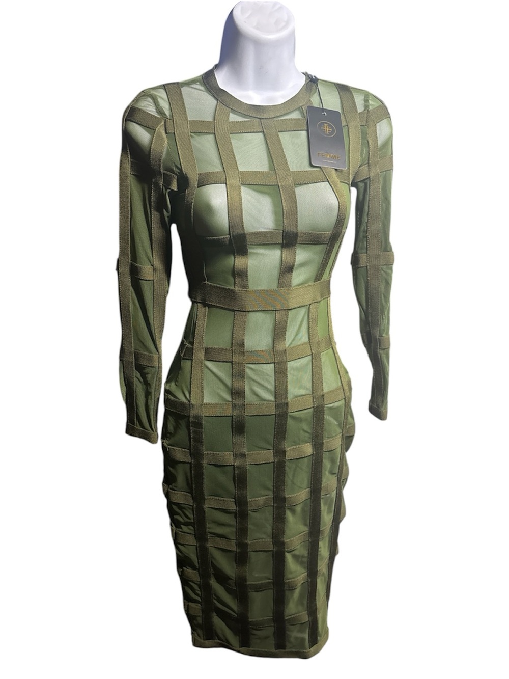 NWT FEMME LA Caged Windowpane Mesh Bandage Bodycon Dress Olive Green XS New